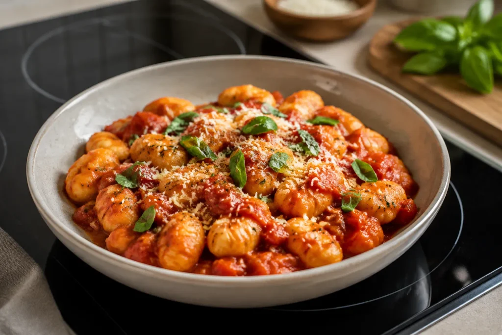 Bowl of gnocchi in tomato sauce garnished with fresh basil and parmesan
