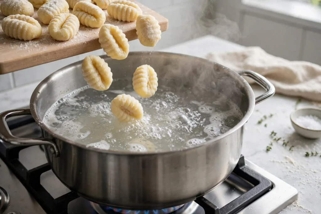Fresh potato gnocchi cooking in a pot of boiling salted water on a modern stovetop.