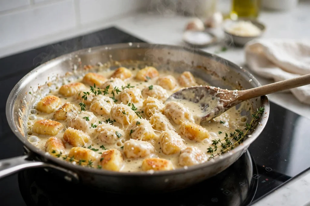 Creamy parmesan sauce coating potato gnocchi in a skillet during cooking.