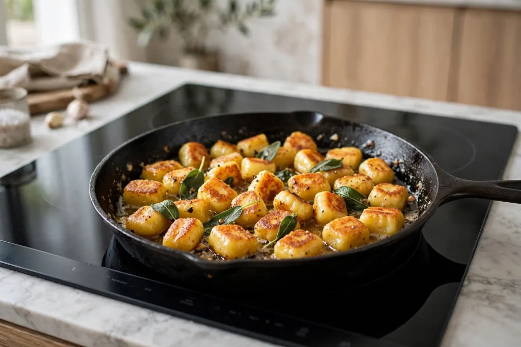 Golden pan-fried gnocchi tossed in butter and sage in a cast iron skillet