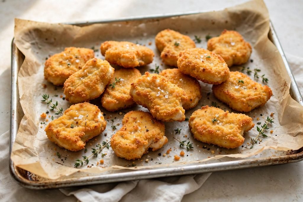 Freshly baked golden chicken nuggets arranged on a parchment-lined baking sheet.