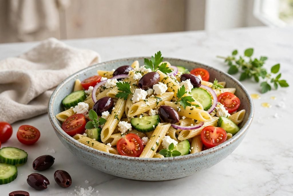 Greek-style penne pasta salad with feta, olives, and cucumber in a ceramic bowl.