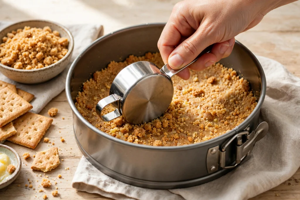 Hand pressing graham cracker crust into a springform pan