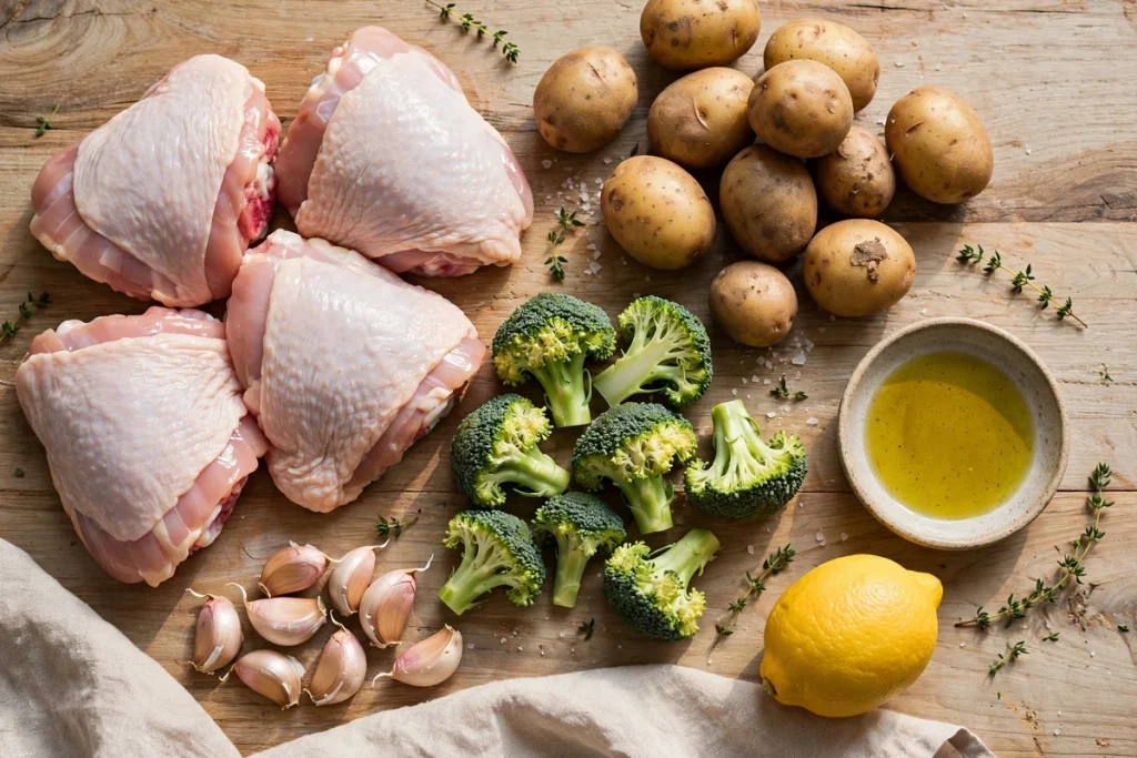 Fresh ingredients for an easy healthy dinner including chicken thighs, potatoes, broccoli, garlic, and lemon.