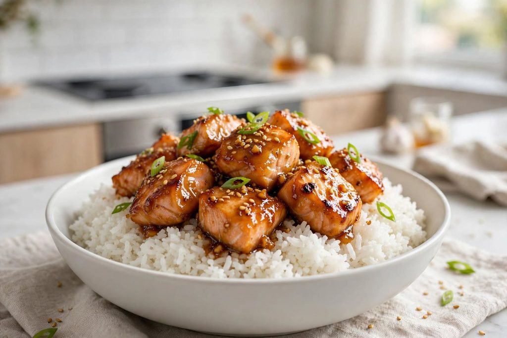 Golden honey garlic salmon bites served over rice with sesame seeds and green onion.