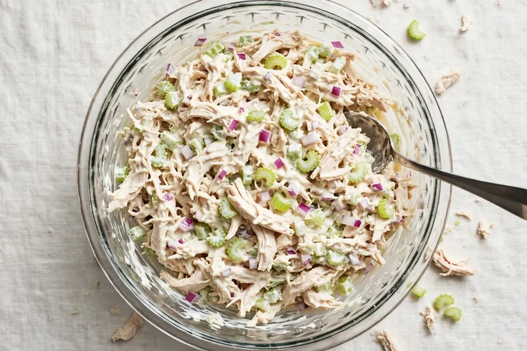 Overhead view of chicken salad being stirred together in a glass bowl.