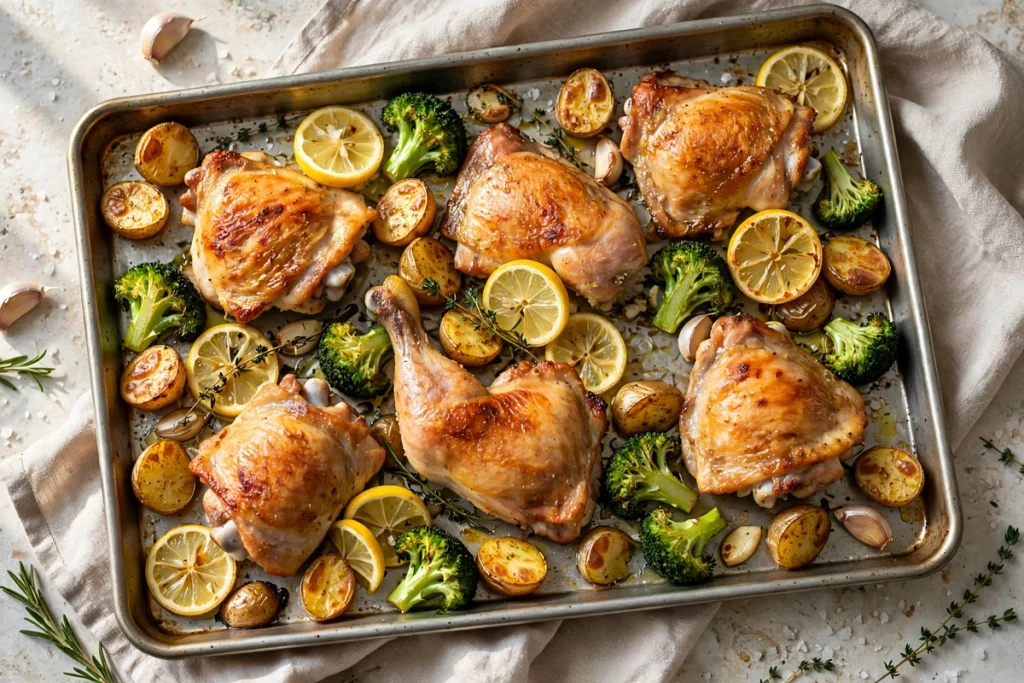 Sheet pan of roasted lemon garlic chicken thighs with broccoli and baby potatoes.