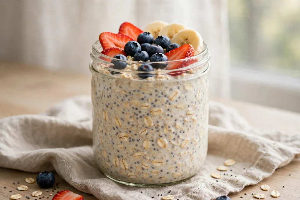 Glass jar of creamy overnight oats topped with fresh berries and banana.