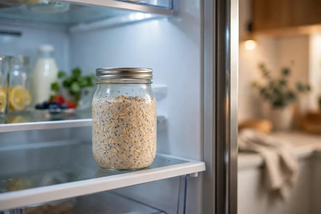 Sealed jar of freshly mixed overnight oats ready to chill in the refrigerator.