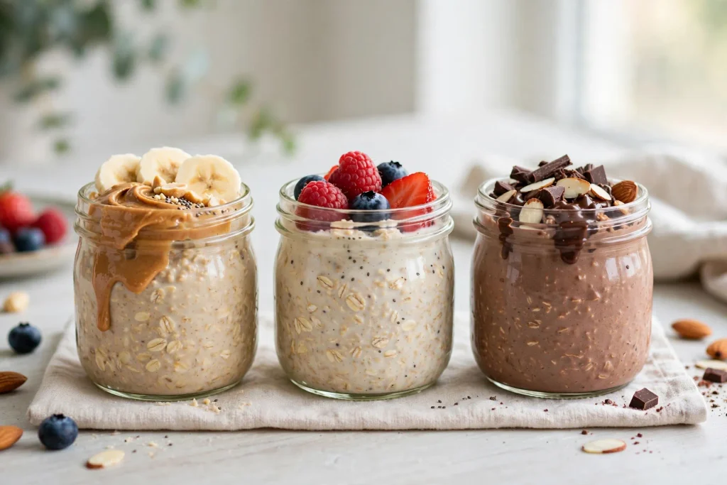 Three overnight oats variations topped with banana and peanut butter, fresh berries, and chocolate with almonds.