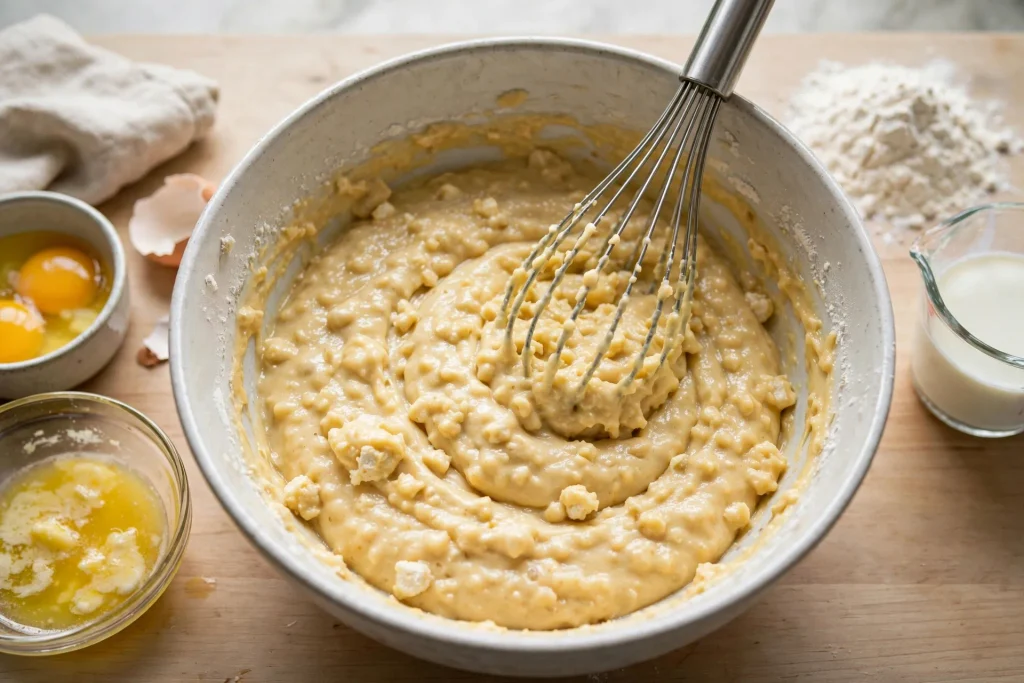 Homemade pancake batter being gently mixed in a bowl.