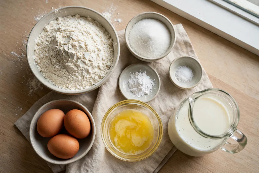 Ingredients for homemade pancake mix arranged on a kitchen counter.
