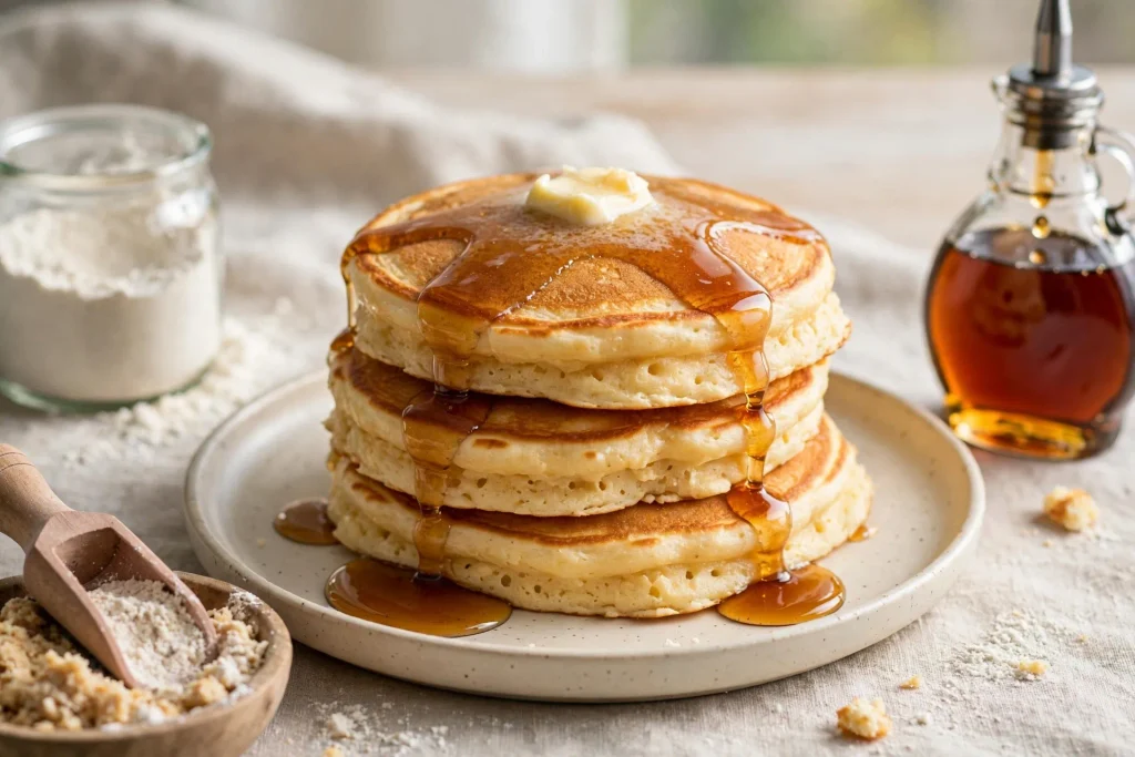 Stack of fluffy homemade pancakes topped with butter and maple syrup.