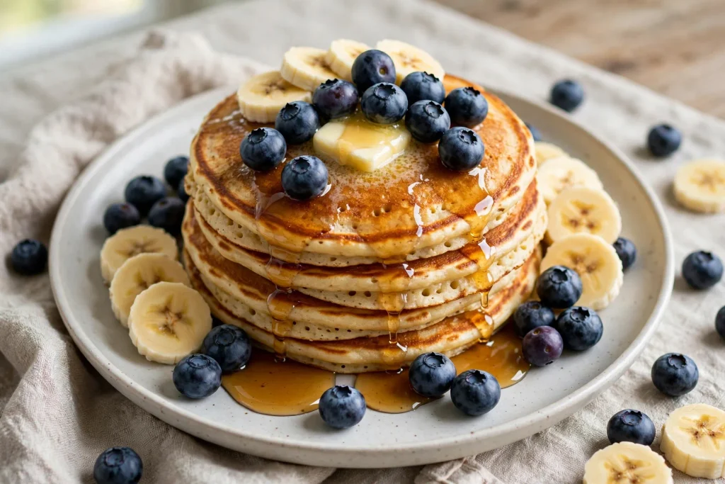 Homemade pancake stack served with blueberries, banana, butter, and maple syrup.