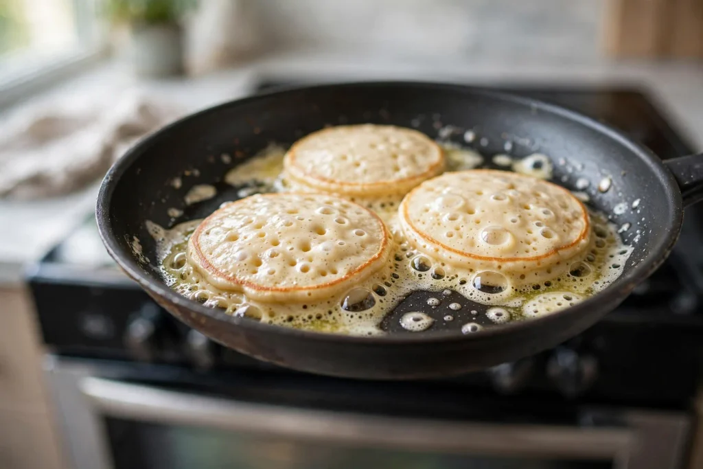 Homemade pancakes cooking in a skillet with bubbles forming on the surface.
