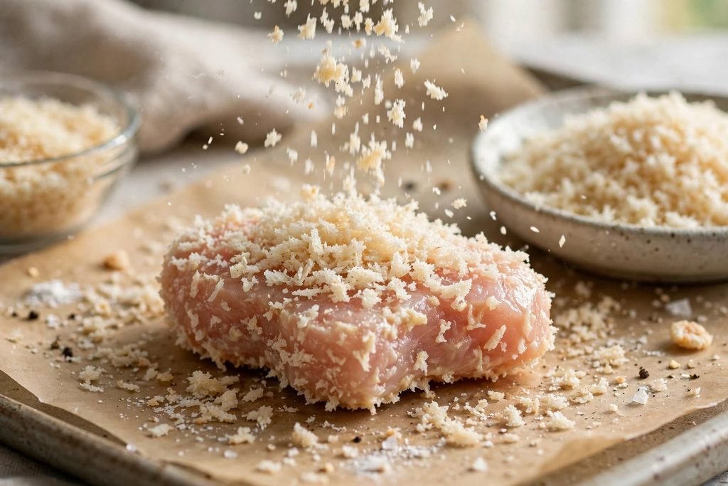 Close-up of a raw chicken nugget freshly coated in seasoned panko breadcrumbs.