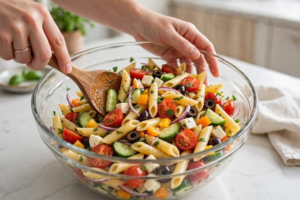Penne pasta salad being tossed with Italian dressing in a glass bowl.