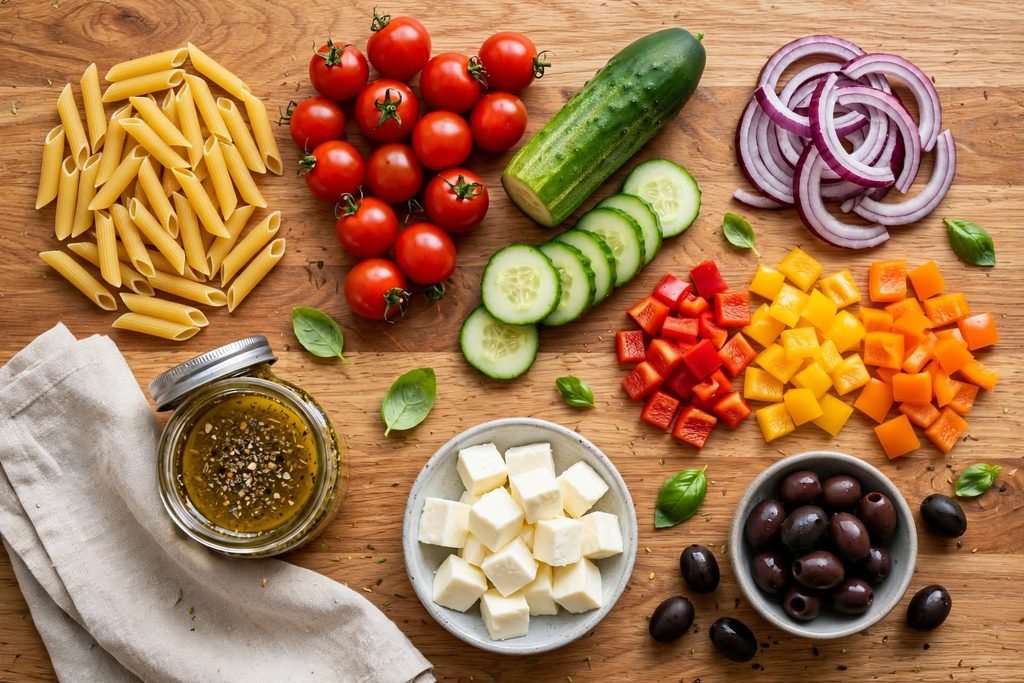 Fresh ingredients for penne pasta salad laid out on a wooden countertop.