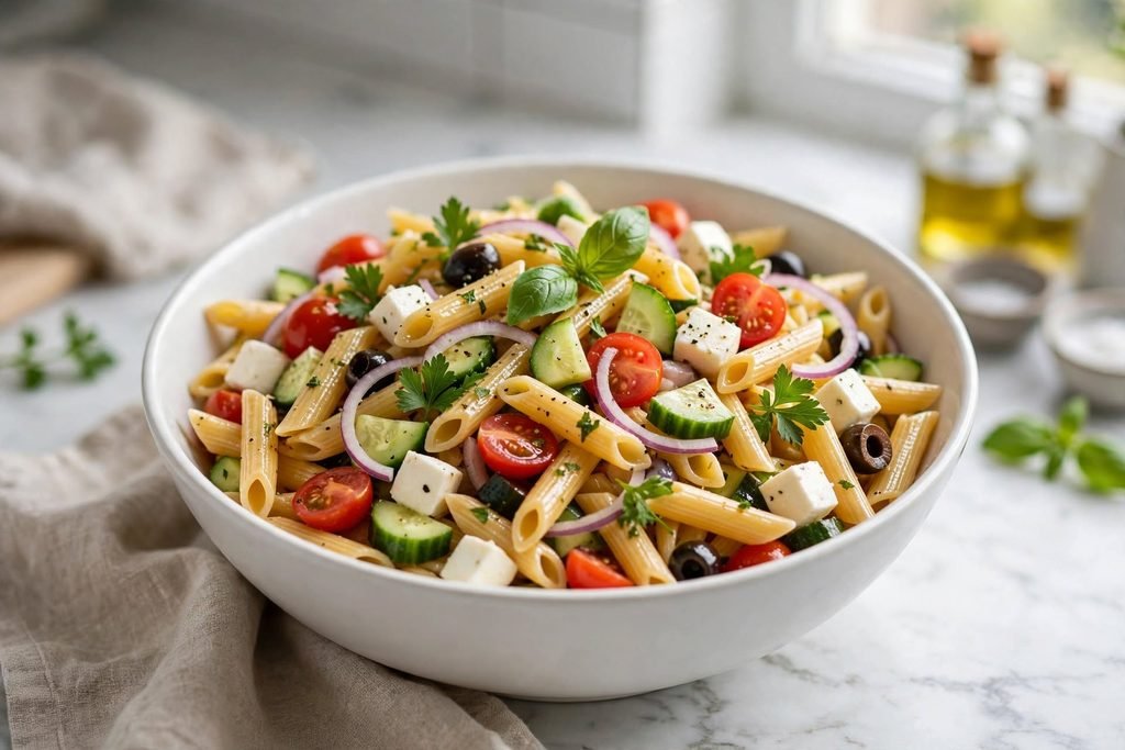 A large bowl of penne pasta salad with tomatoes, cucumber, olives, and mozzarella.