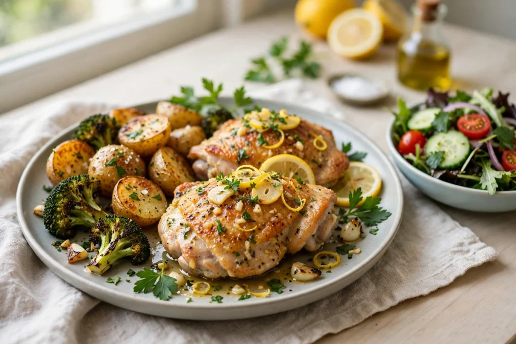 Plated serving of lemon garlic chicken thigh with roasted broccoli, potatoes, and a side salad.