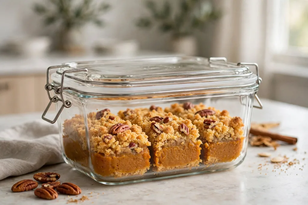 Pumpkin dump cake portions stored in a glass container for leftovers