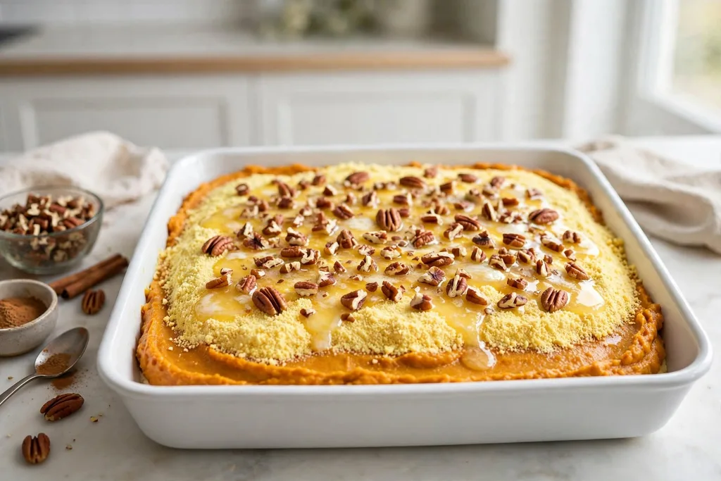 Unbaked pumpkin dump cake showing layered pumpkin filling, dry cake mix, and pecans