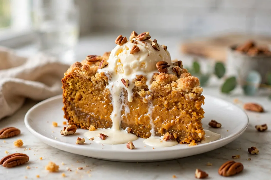 Slice of pumpkin dump cake on a plate topped with melting vanilla ice cream