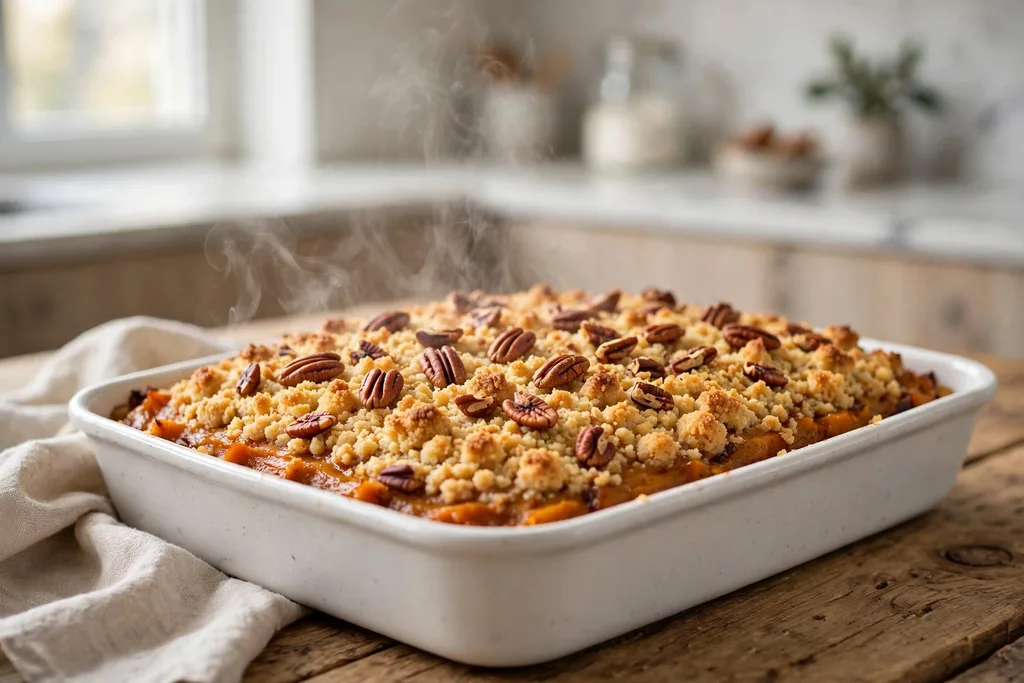 Baked pumpkin dump cake in a white dish with a golden pecan topping