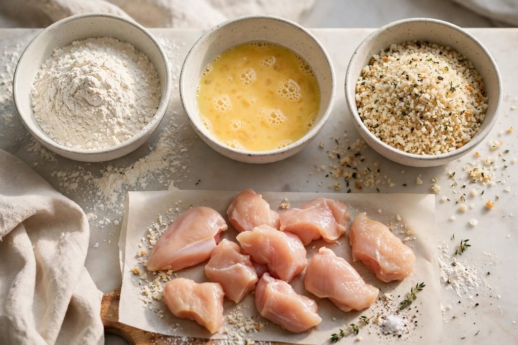 Three bowls set up for breading chicken nuggets with flour, egg wash, and seasoned panko.