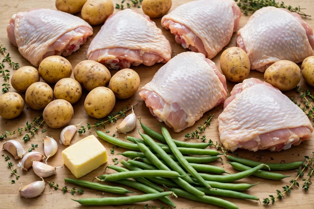 Flat lay of raw chicken thighs, potatoes, green beans, and garlic on a wooden countertop.