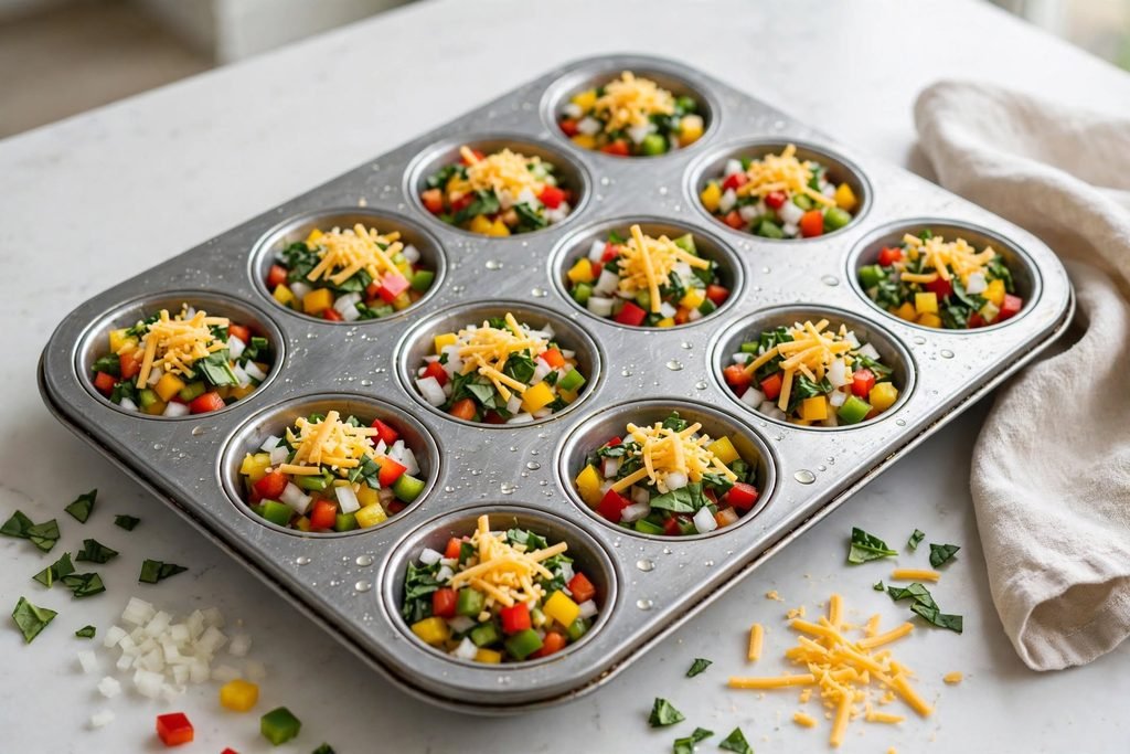 Muffin tin cups filled with diced vegetables and shredded cheese before the egg mixture is added.