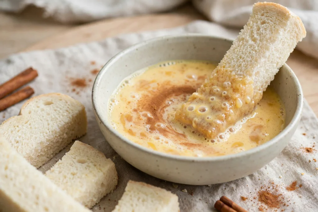 Close-up of a bread stick being dipped into a bowl of cinnamon egg custard. 