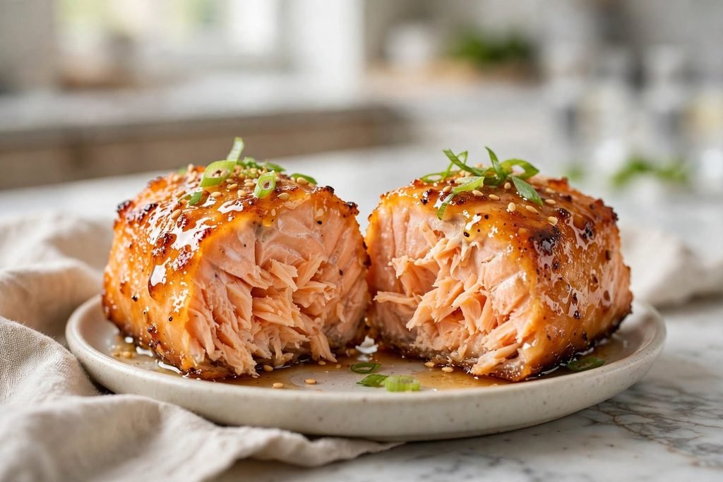 Close-up of a crispy salmon bite cut open to show a flaky interior.