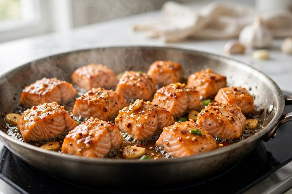 Salmon bites being coated in honey garlic glaze in a skillet.