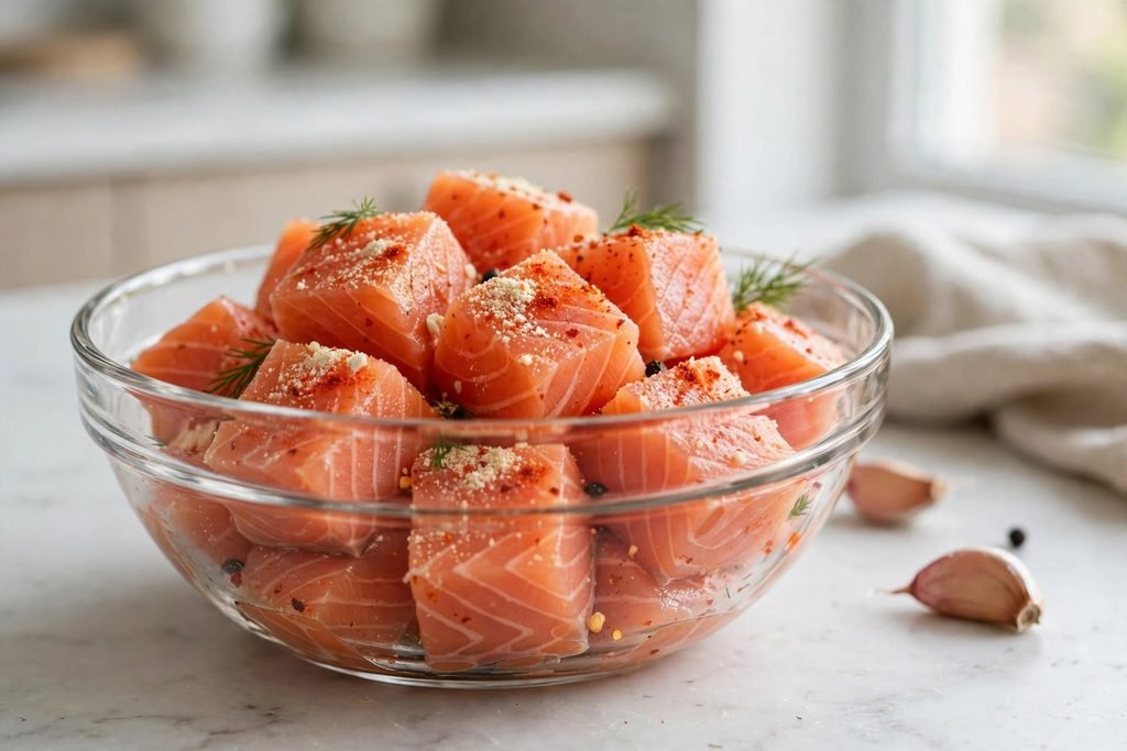Cubed salmon pieces seasoned with garlic powder and paprika before cooking.