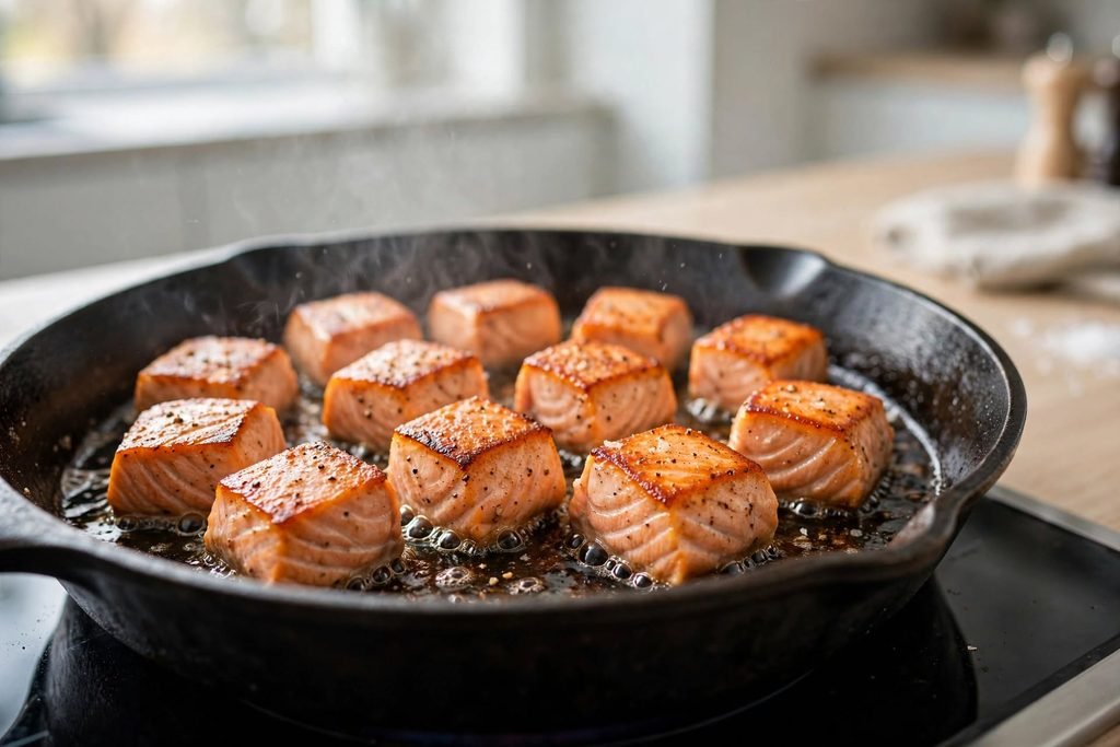 Salmon bites searing in a cast iron skillet until golden brown.