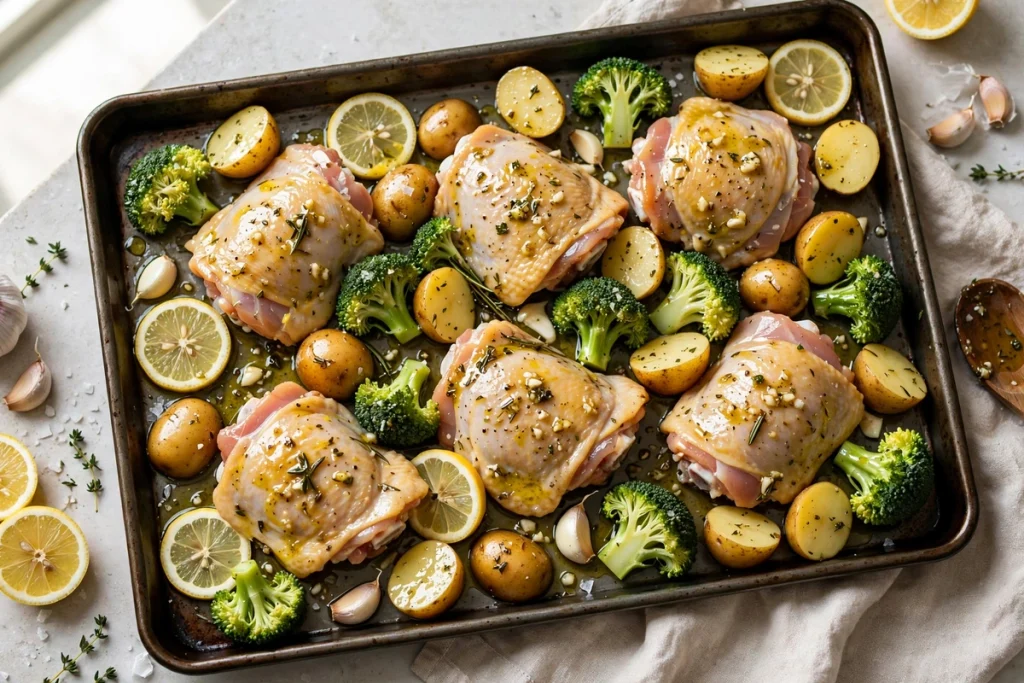 Chicken thighs and vegetables being coated in lemon garlic marinade on a sheet pan.