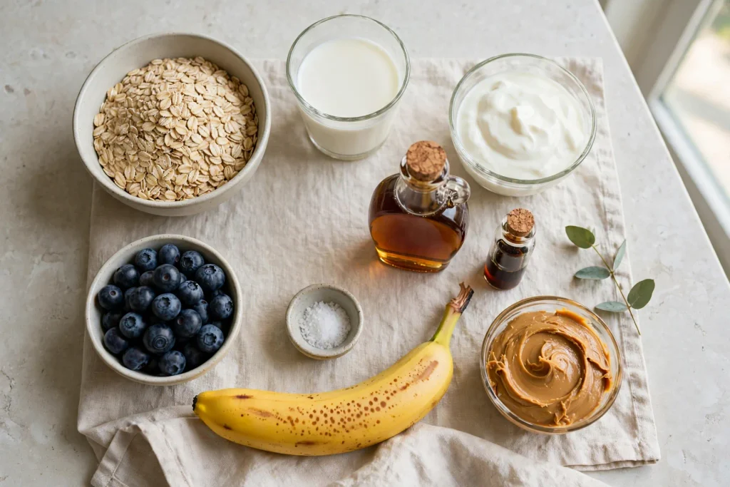 Ingredients for making a simple overnight oats recipe with rolled oats, milk, yogurt, chia seeds, and toppings.