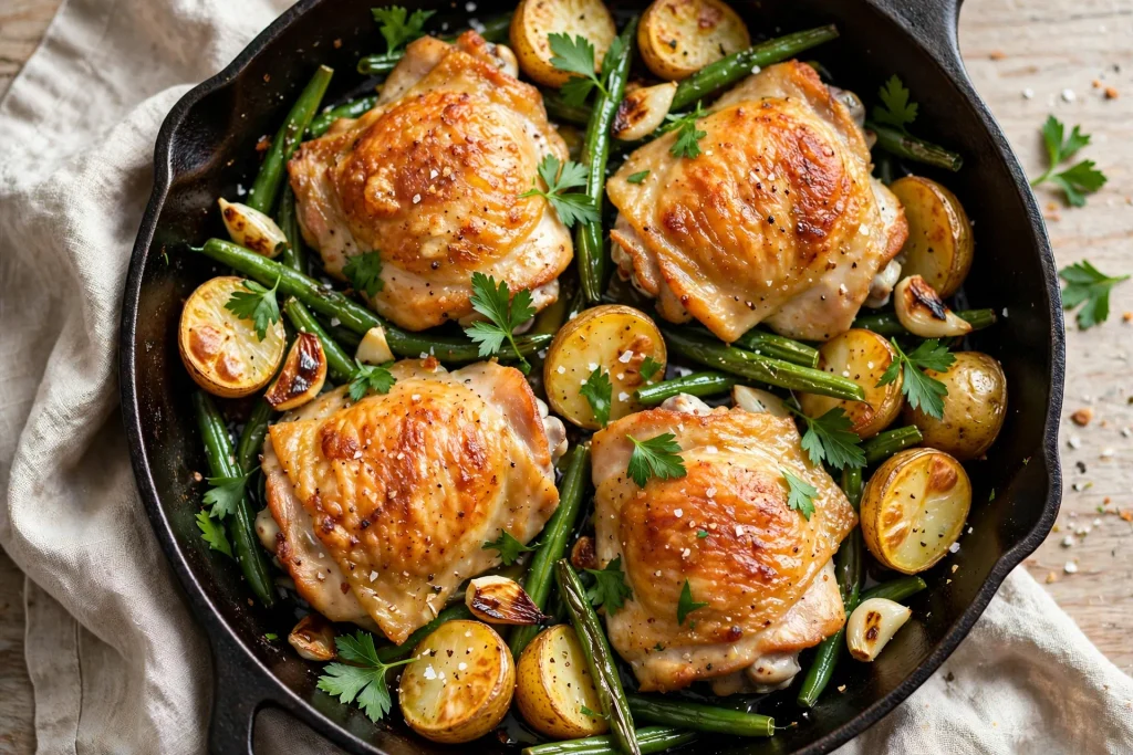 Finished garlic butter chicken skillet dinner garnished with fresh parsley.