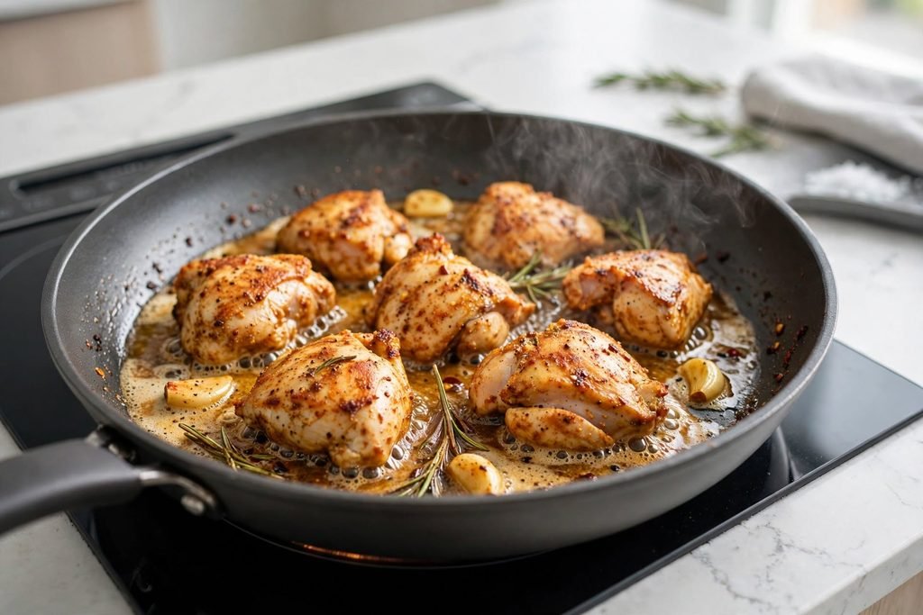 Browned spiced chicken pieces searing in a skillet