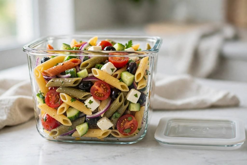 Penne pasta salad stored in a glass airtight container on a kitchen counter.