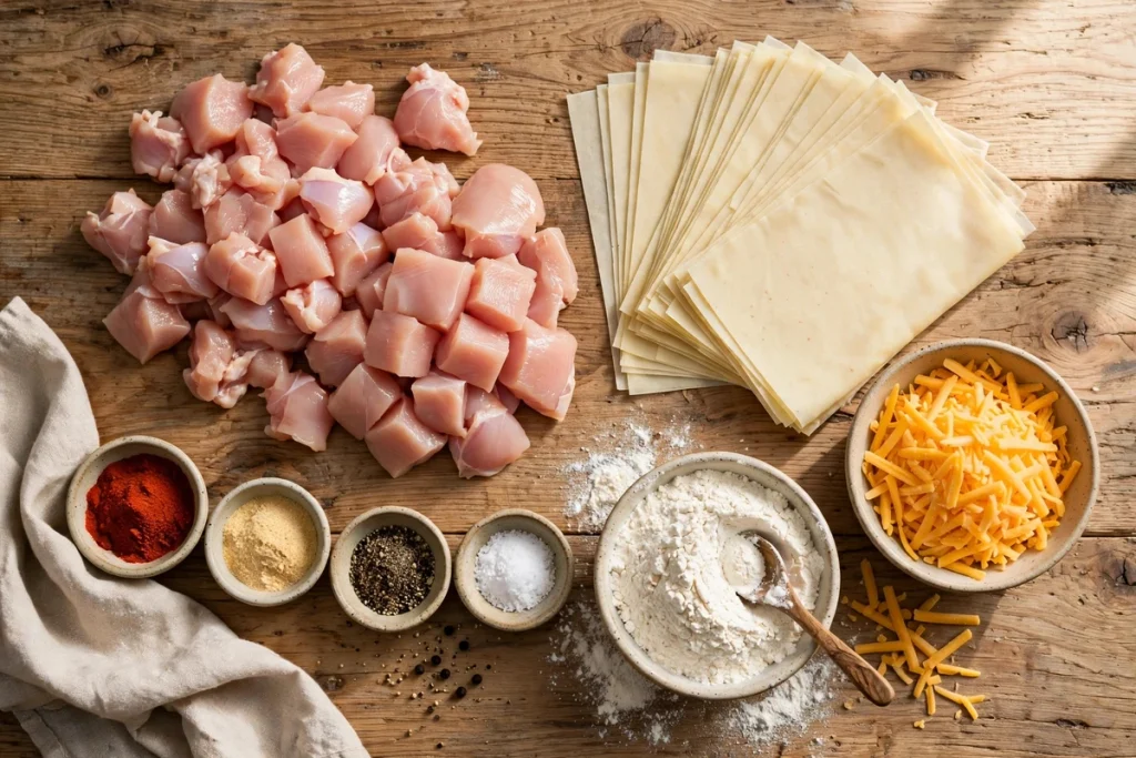 Ingredients for homemade boneless wings, Southwestern eggrolls, and crispy cheddar bites arranged on a countertop.