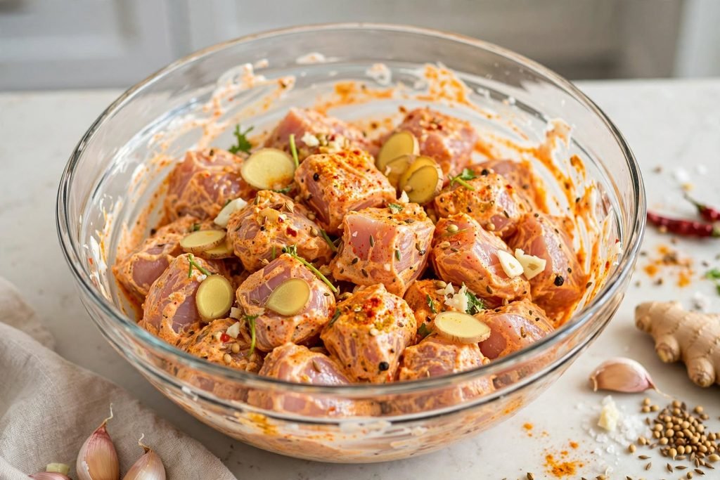 Chicken pieces marinating in yogurt and spice mixture in a glass bowl