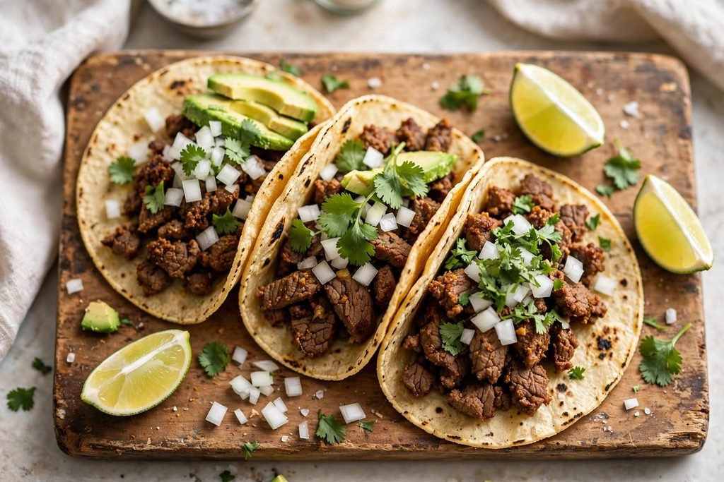Corn tortillas being filled with seasoned beef and fresh taco toppings
