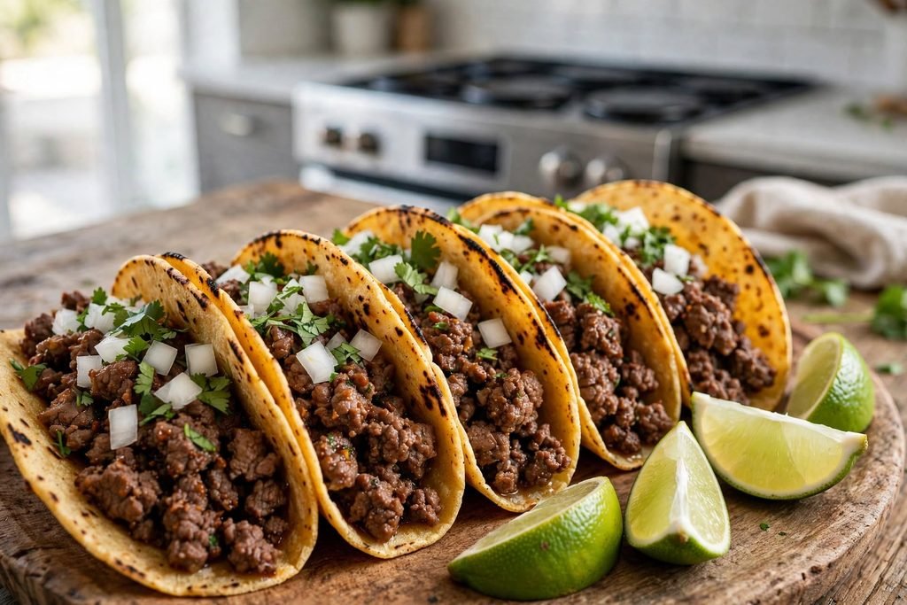 Platter of authentic beef tacos topped with onion, cilantro, and lime wedges