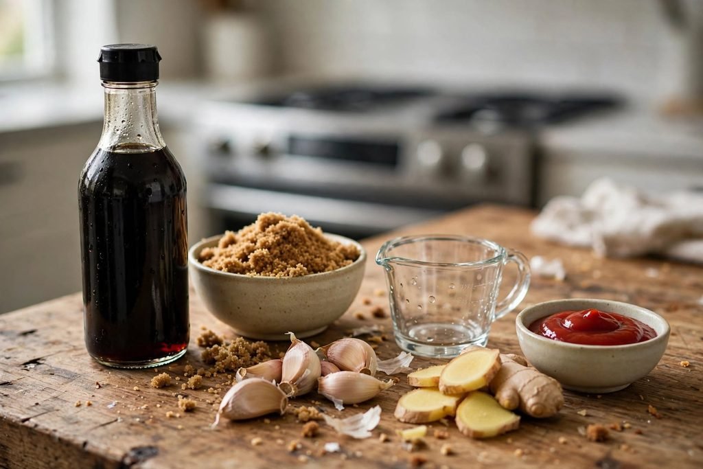 Ingredients for bourbon chicken sauce including soy sauce, brown sugar, garlic, and ginger