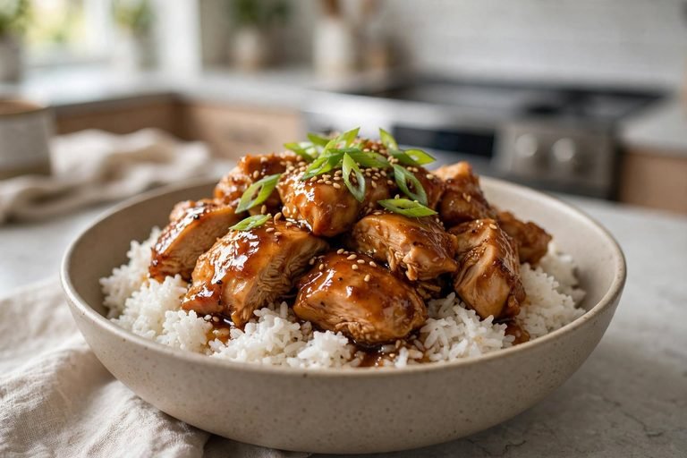 Bourbon chicken served over white rice garnished with green onions and sesame seeds