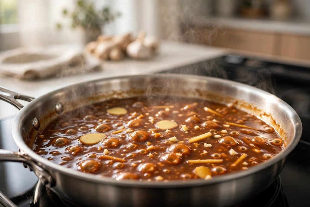 Bourbon chicken sauce simmering in a skillet with garlic and ginger