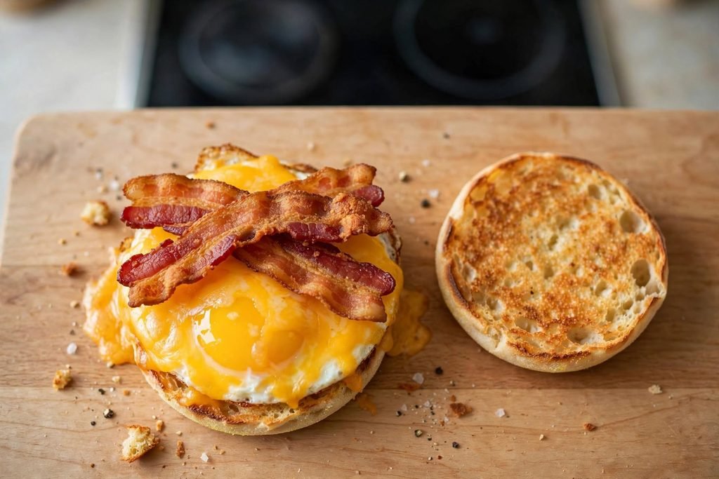 Breakfast sandwich being assembled with a cheesy fried egg and crispy bacon on a toasted muffin.