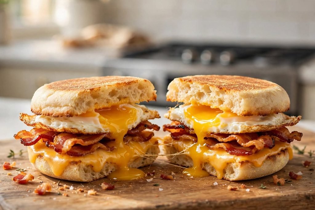 Breakfast sandwich with fried egg, melted cheddar, and crispy bacon on a toasted English muffin.